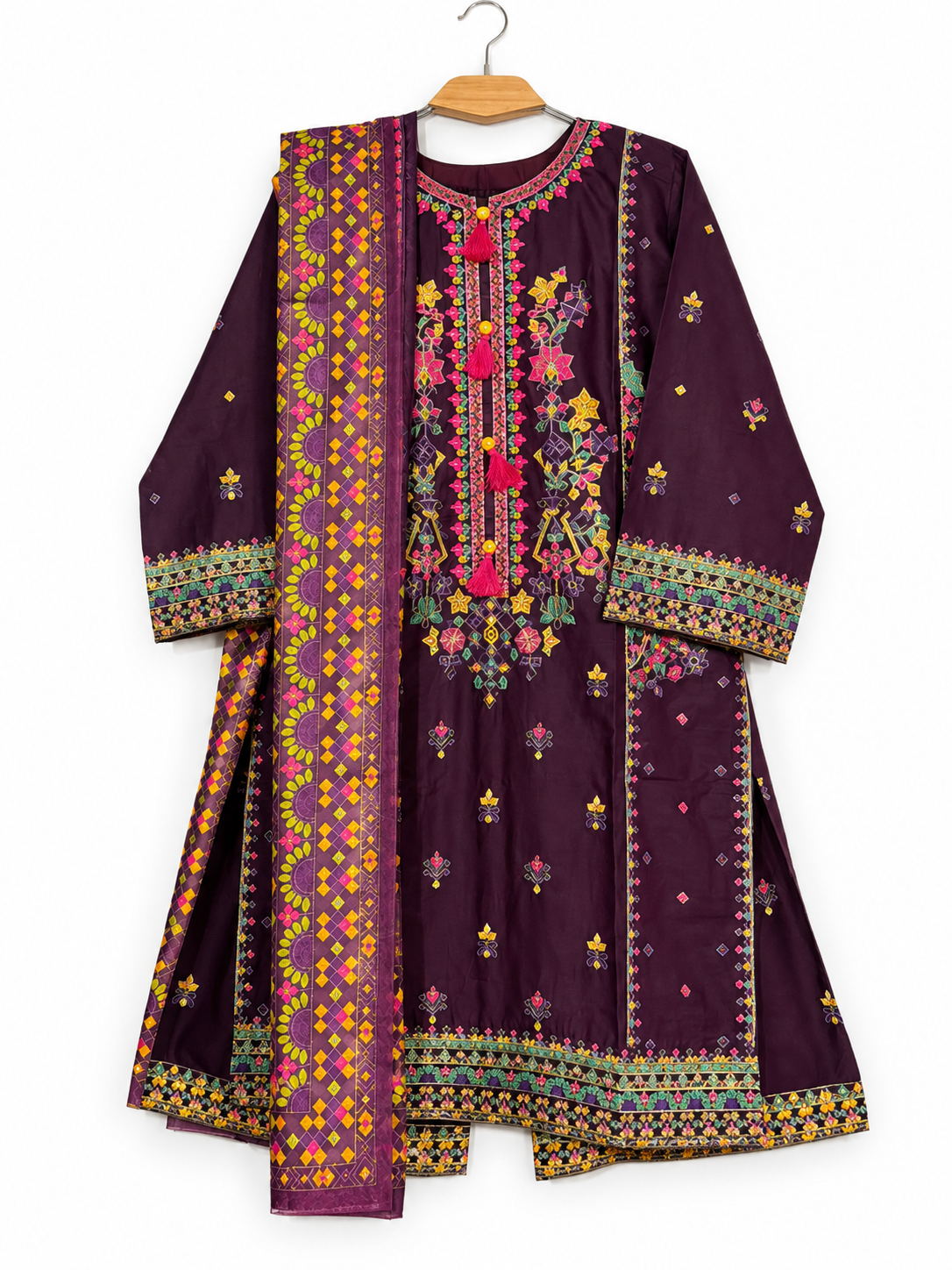 Plum purple embroidered kameez with printed dupatta