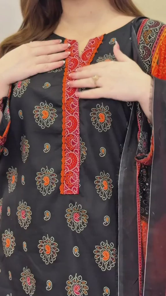 Yahyas Black Lawn Suit | Bandhani Dupatta | Embroidered | Stitched | M & L