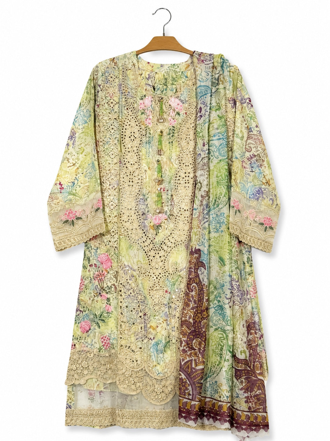 Rose Garden cotton 3-piece suit in Lemon Green