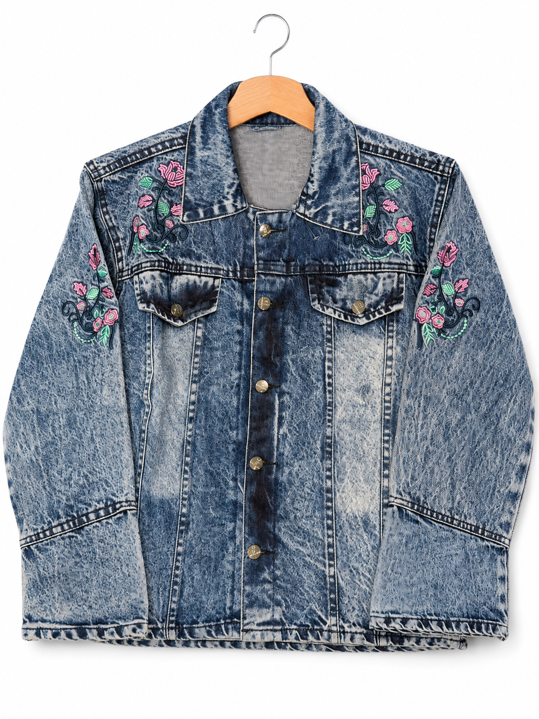 Women's acid wash denim jacket with pink floral embroidery – alternate front view