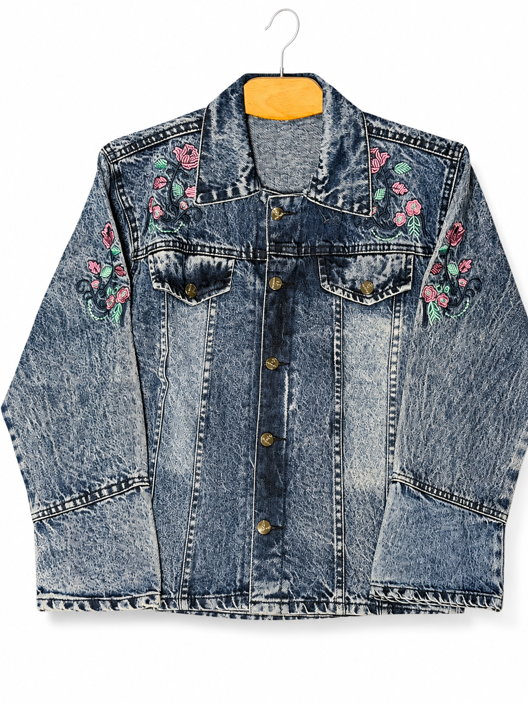 Women's acid wash denim jacket with pink floral embroidery – clean front view