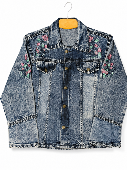 Women's acid wash denim jacket with pink floral embroidery – clean front view