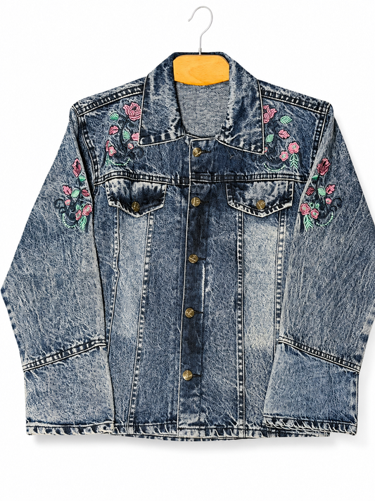 Women's acid wash denim jacket with pink floral embroidery – clean front view