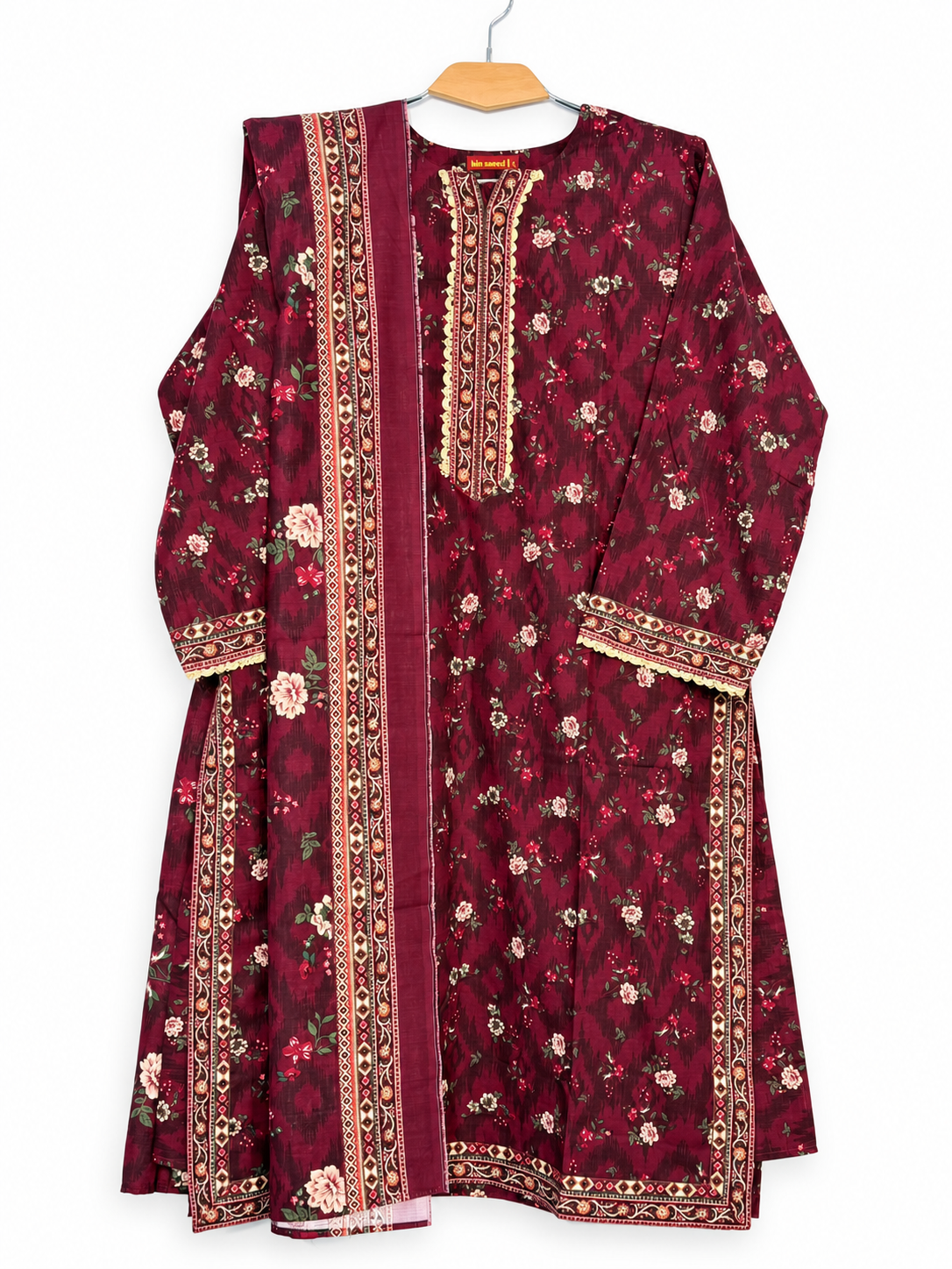 Bin Saeed burgundy floral Khaddar 3-piece suit full front view