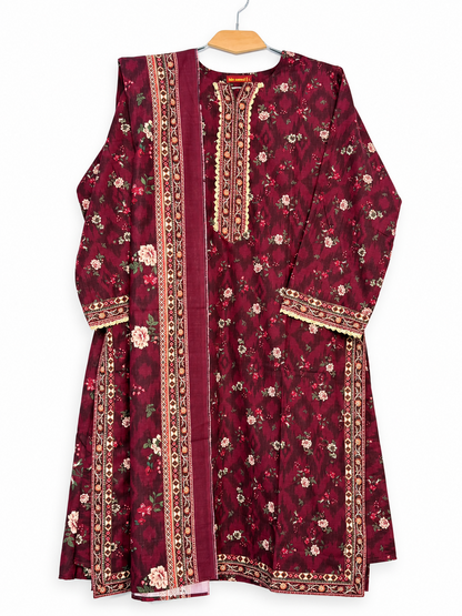 Bin Saeed burgundy floral Khaddar 3-piece suit full front view
