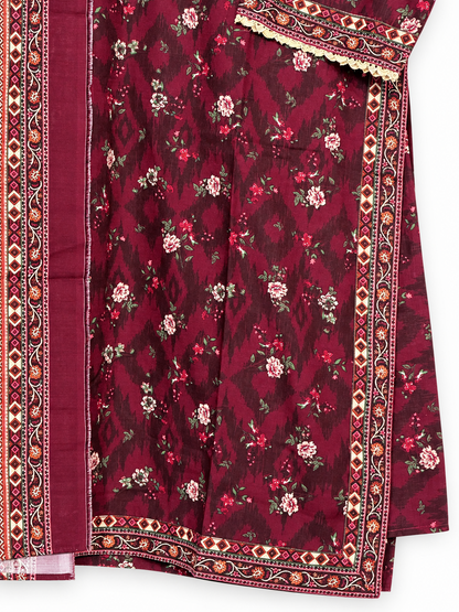 Bin Saeed burgundy floral suit fabric and printed border detail
