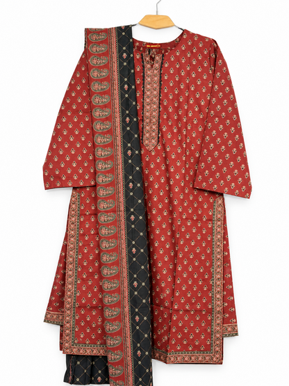 Bin Saeed maroon and black printed Khaddar 3-piece suit full view