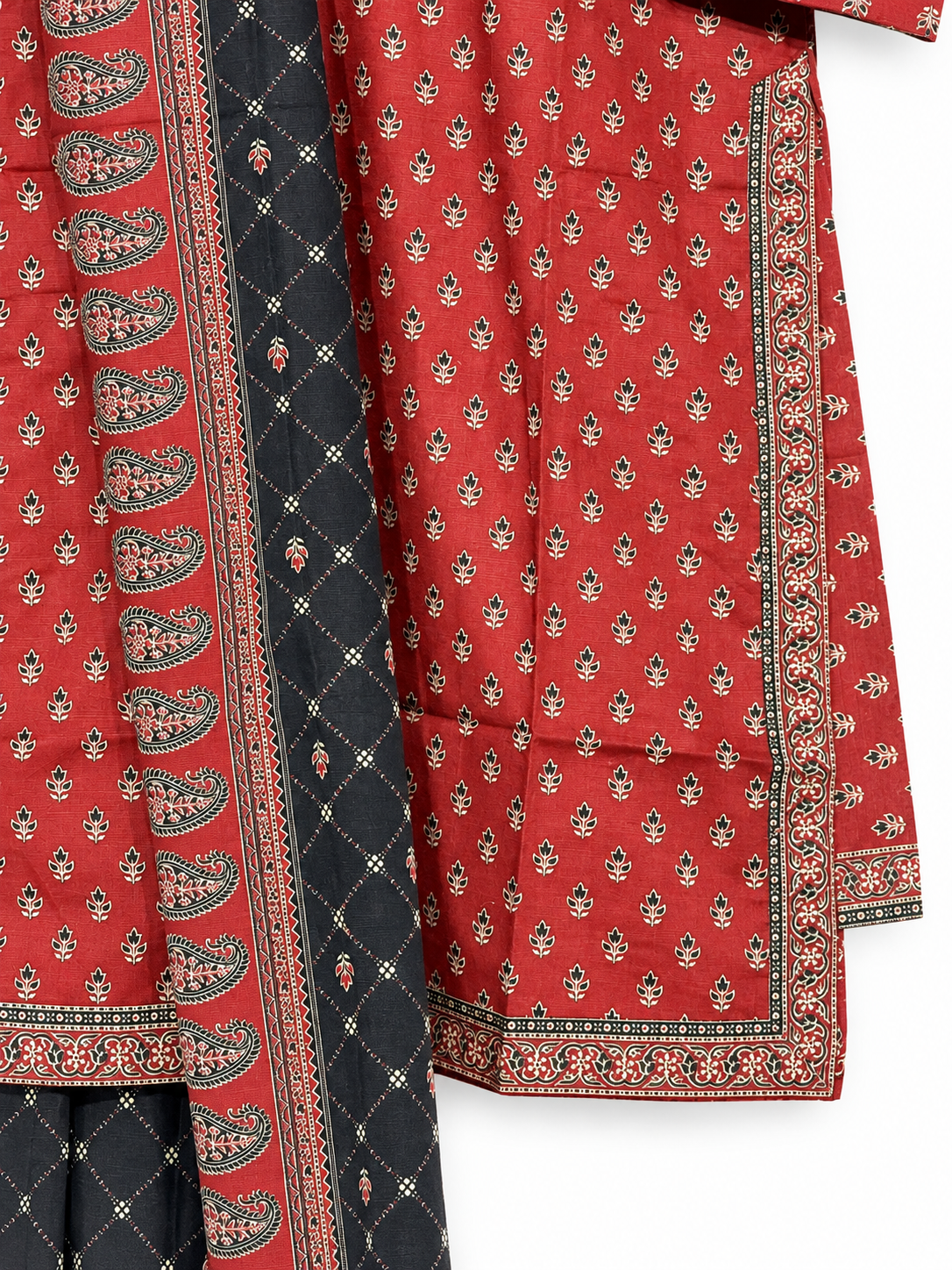 Maroon and black printed Khaddar suit print and border detail