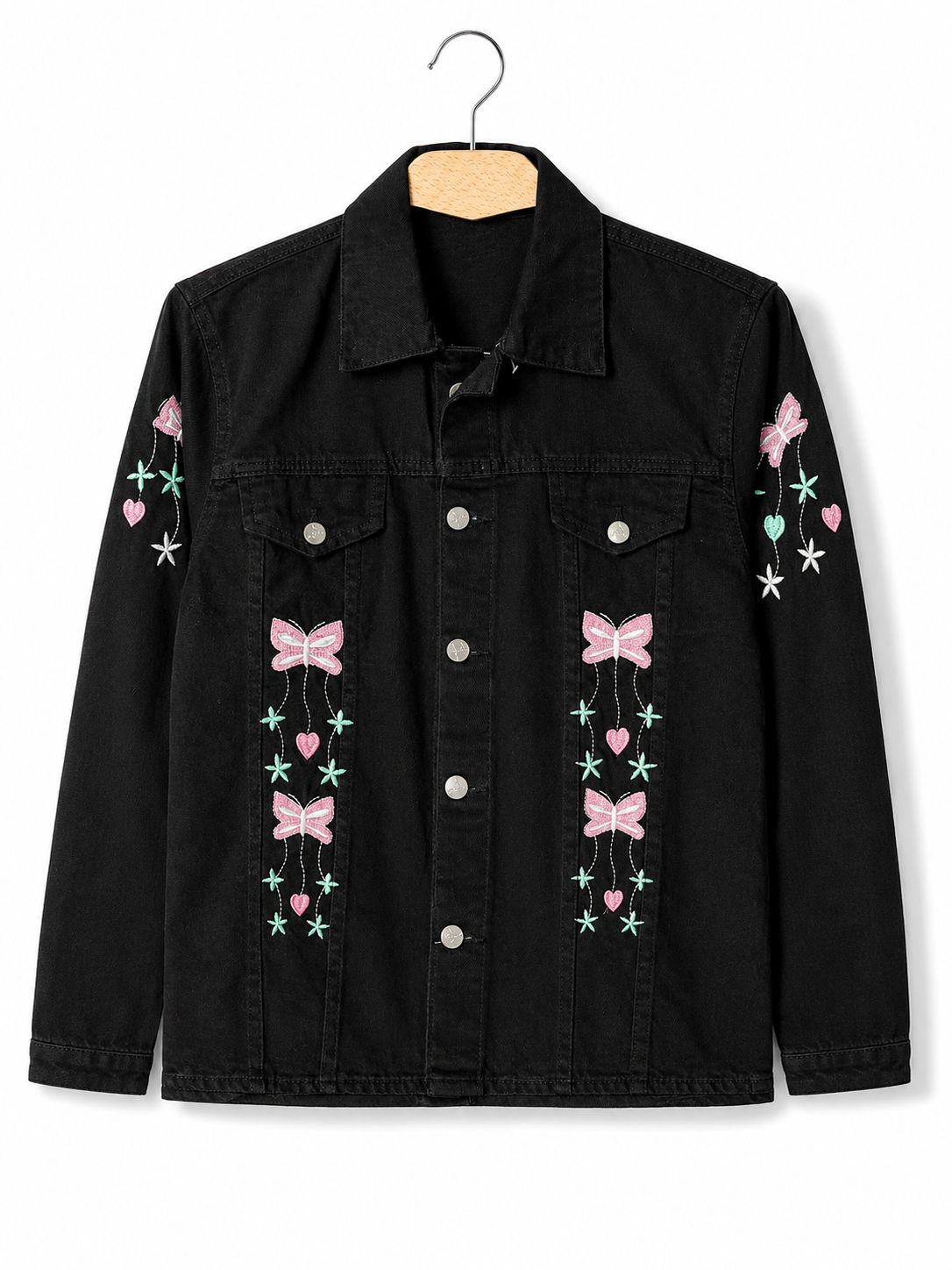 Women's black denim jacket with pink bow and heart embroidery – clean front view