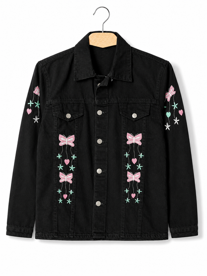 Women's black denim jacket with pink bow and heart embroidery – clean front view