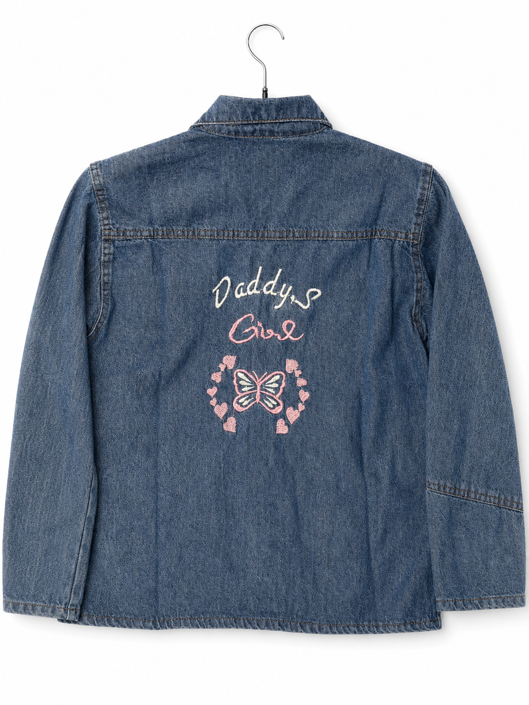 Women's blue denim jacket back with Daddy's Girl butterfly embroidery