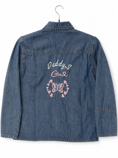 Women's blue denim jacket back with Daddy's Girl butterfly embroidery