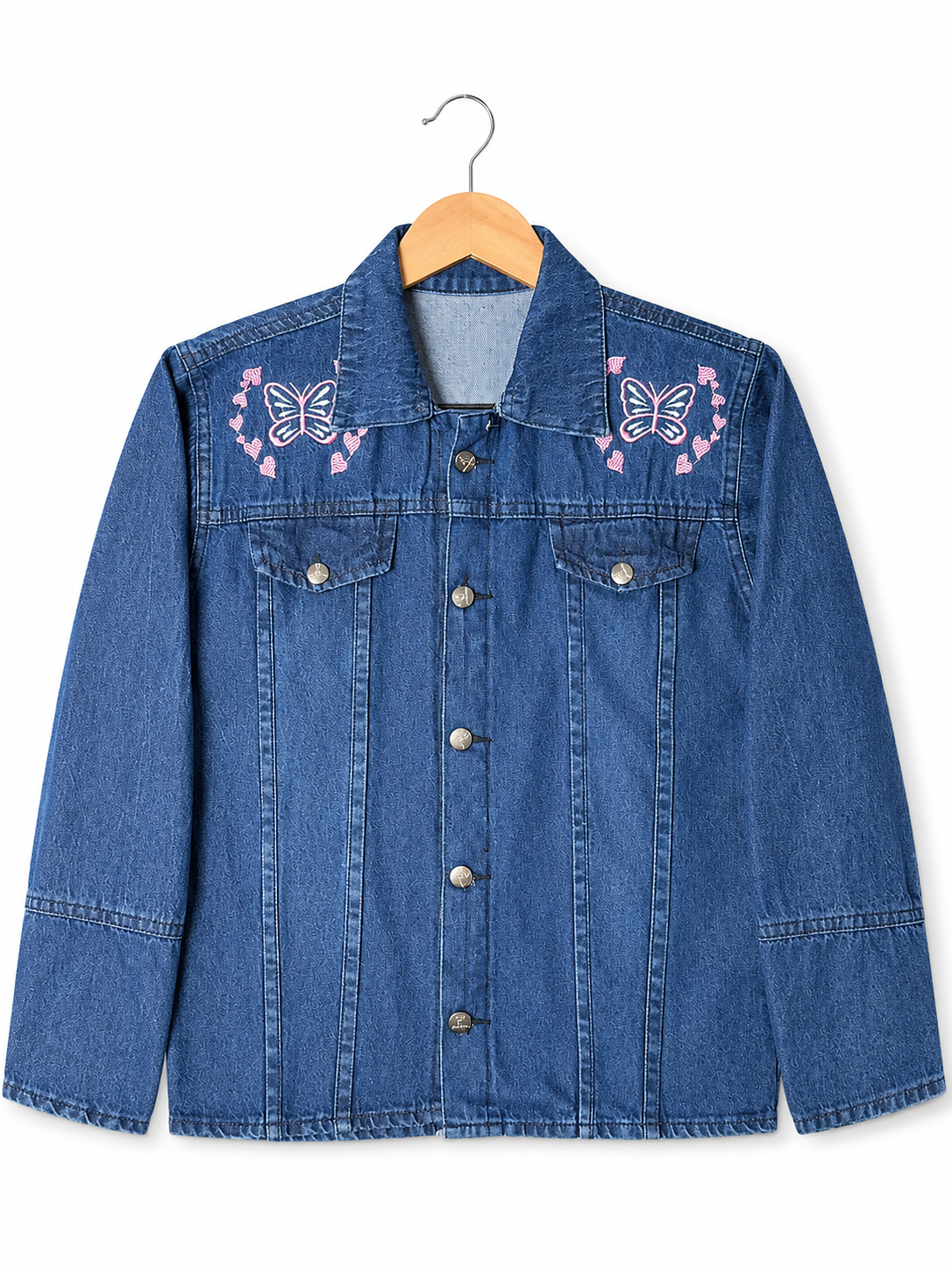 Women's blue denim jacket with pink butterfly embroidery – clean front view