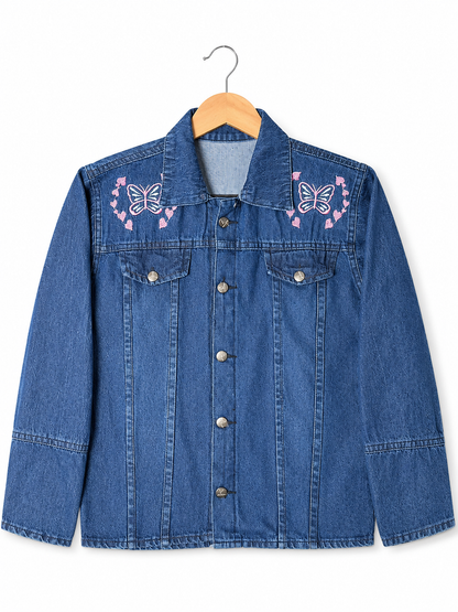 Women's blue denim jacket with pink butterfly embroidery – clean front view