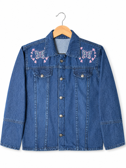 Women's blue denim jacket with pink butterfly embroidery – clean front view