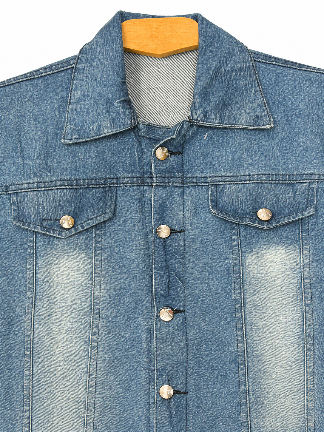 Blue denim jacket collar, pockets and button detail