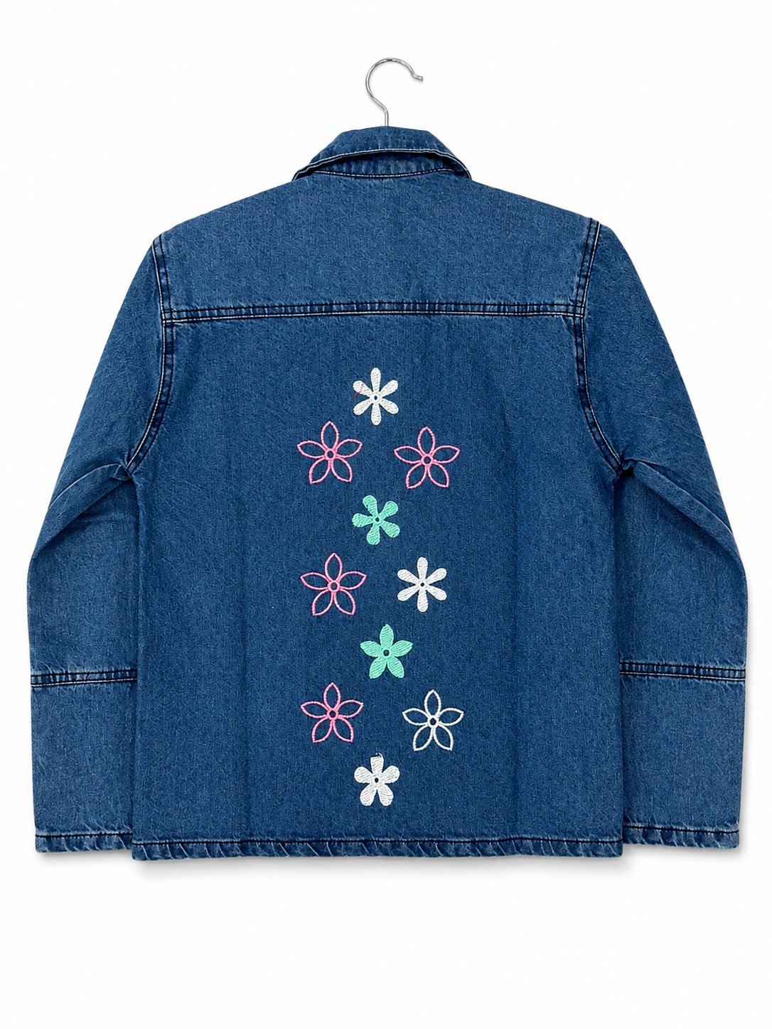 Women's blue denim jacket with vertical multicolour floral embroidery – accurate back view