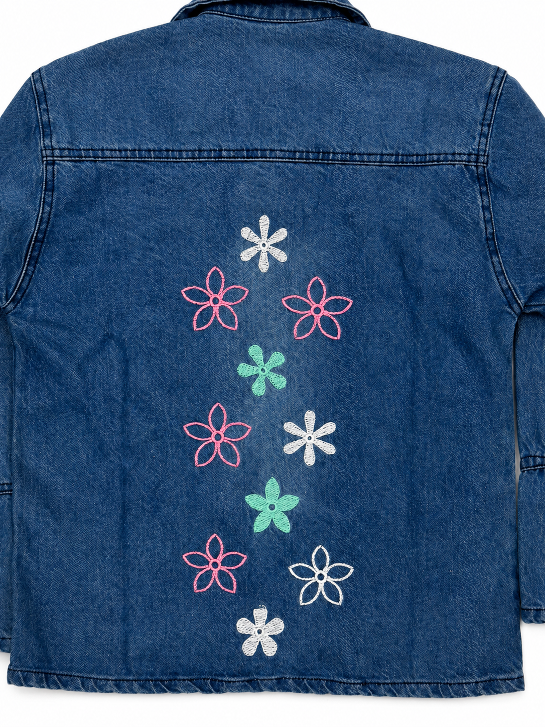 Vertical multicolour floral embroidery detail on blue denim jacket