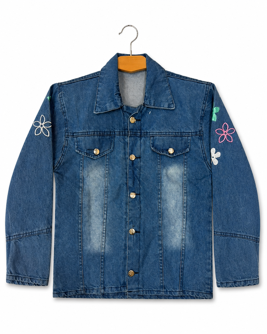 Women's blue denim jacket with multicolour floral embroidery – accurate clean front view