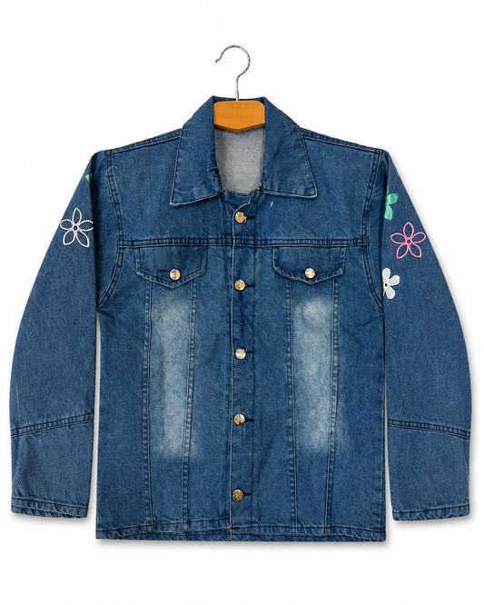 Women's blue denim jacket with multicolour floral embroidery – accurate clean front view