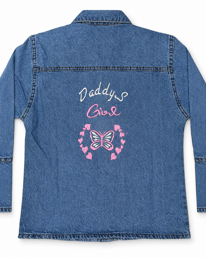 Women's blue denim jacket with Daddy's Girl butterfly embroidery – back view