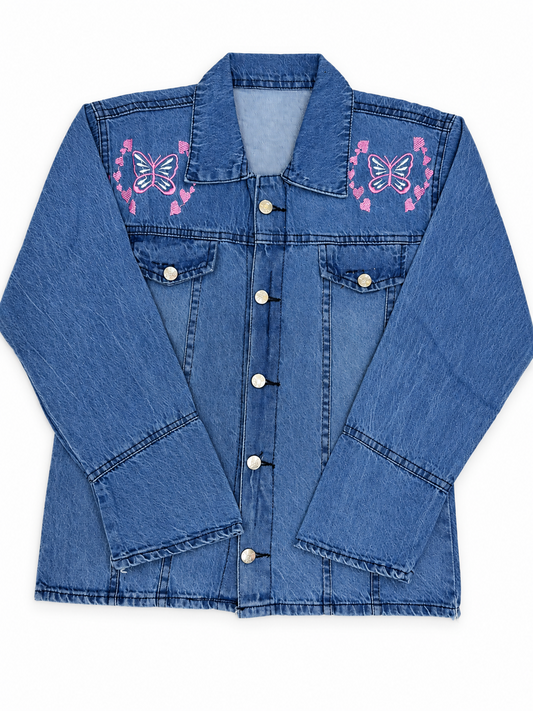 Women's blue denim jacket with pink butterfly and heart embroidery – front view