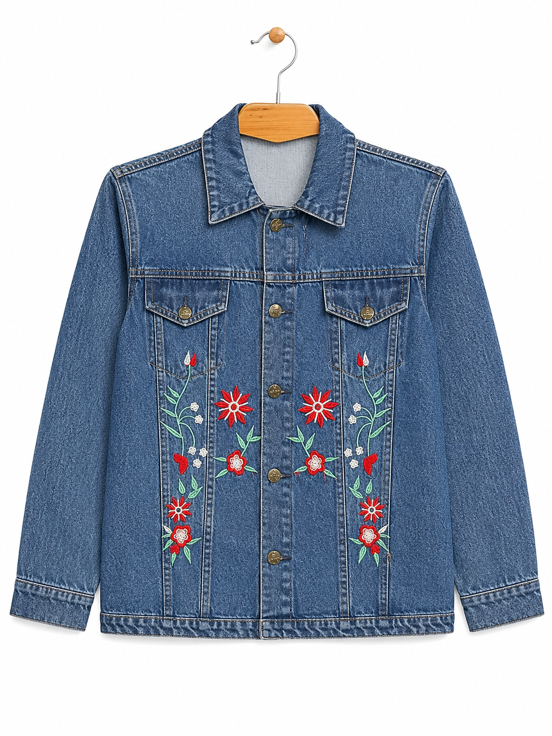 Women's blue denim jacket with red floral embroidery – alternate front view