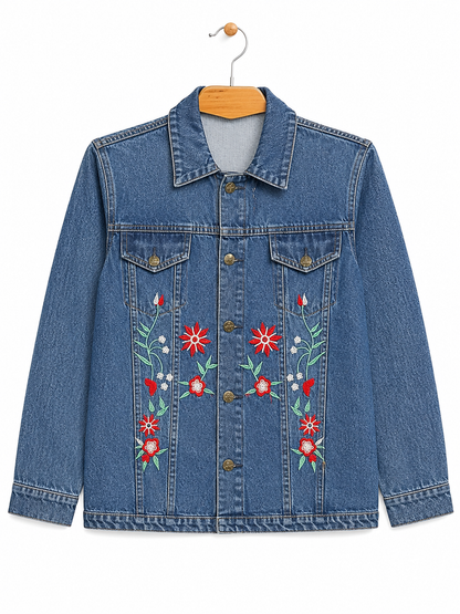 Women's blue denim jacket with red floral embroidery – alternate front view