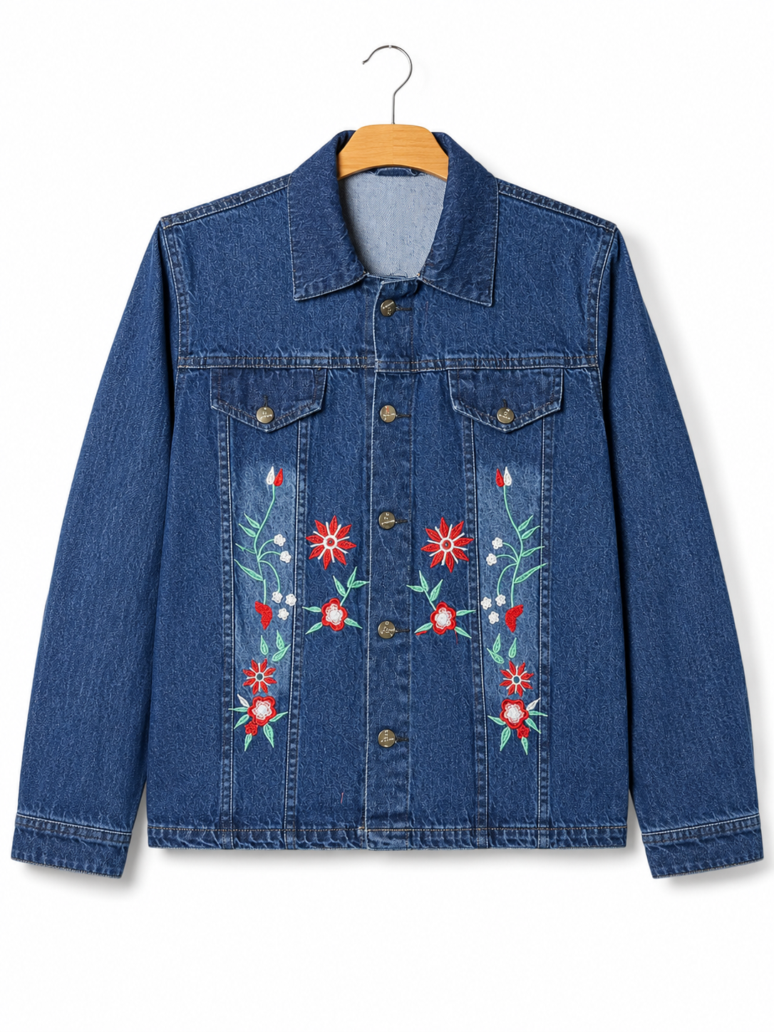 Women's blue denim jacket with red floral embroidery – clean front view