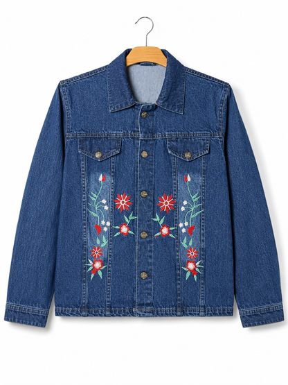 Women's blue denim jacket with red floral embroidery – clean front view