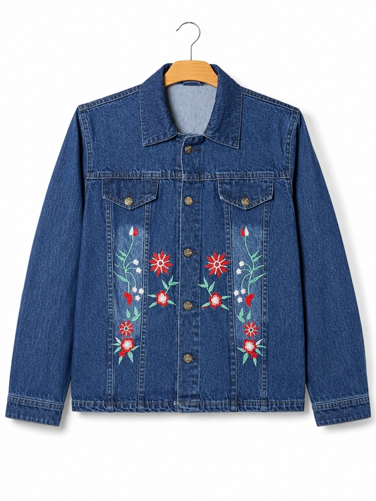 Women's blue denim jacket with red floral embroidery – clean front view