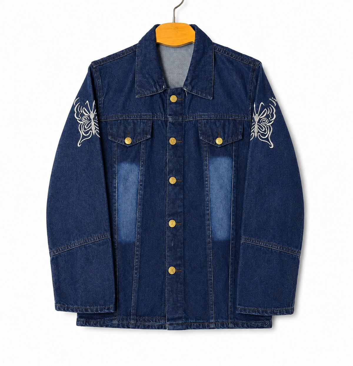 Women's blue denim jacket with white butterfly embroidery – corrected front view
