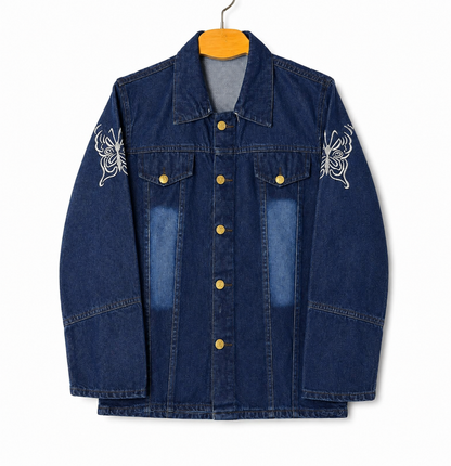Women's blue denim jacket with white butterfly embroidery – corrected front view