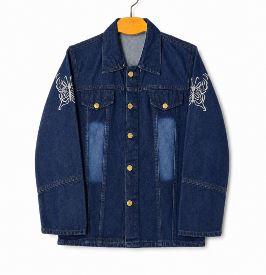 Women's blue denim jacket with white butterfly embroidery – corrected front view