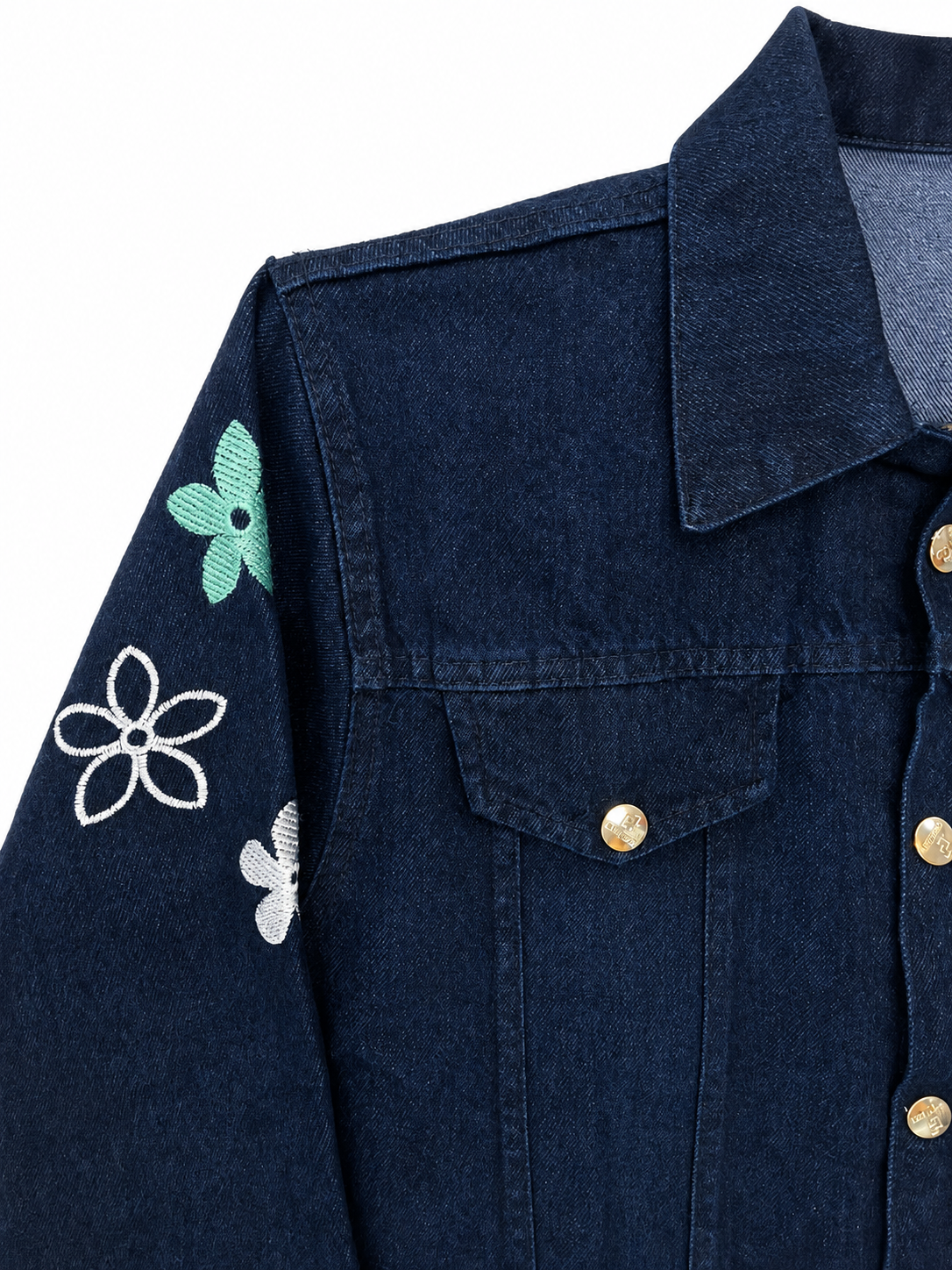 Dark blue denim jacket collar, pocket and sleeve embroidery detail