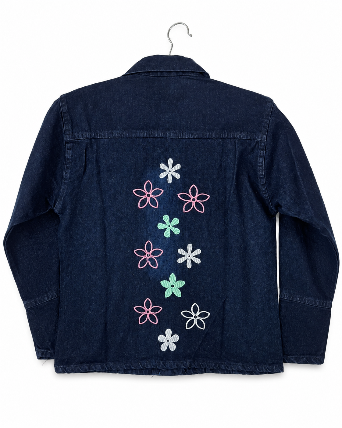 Women's dark blue denim jacket with multicolour floral embroidery – clean back view