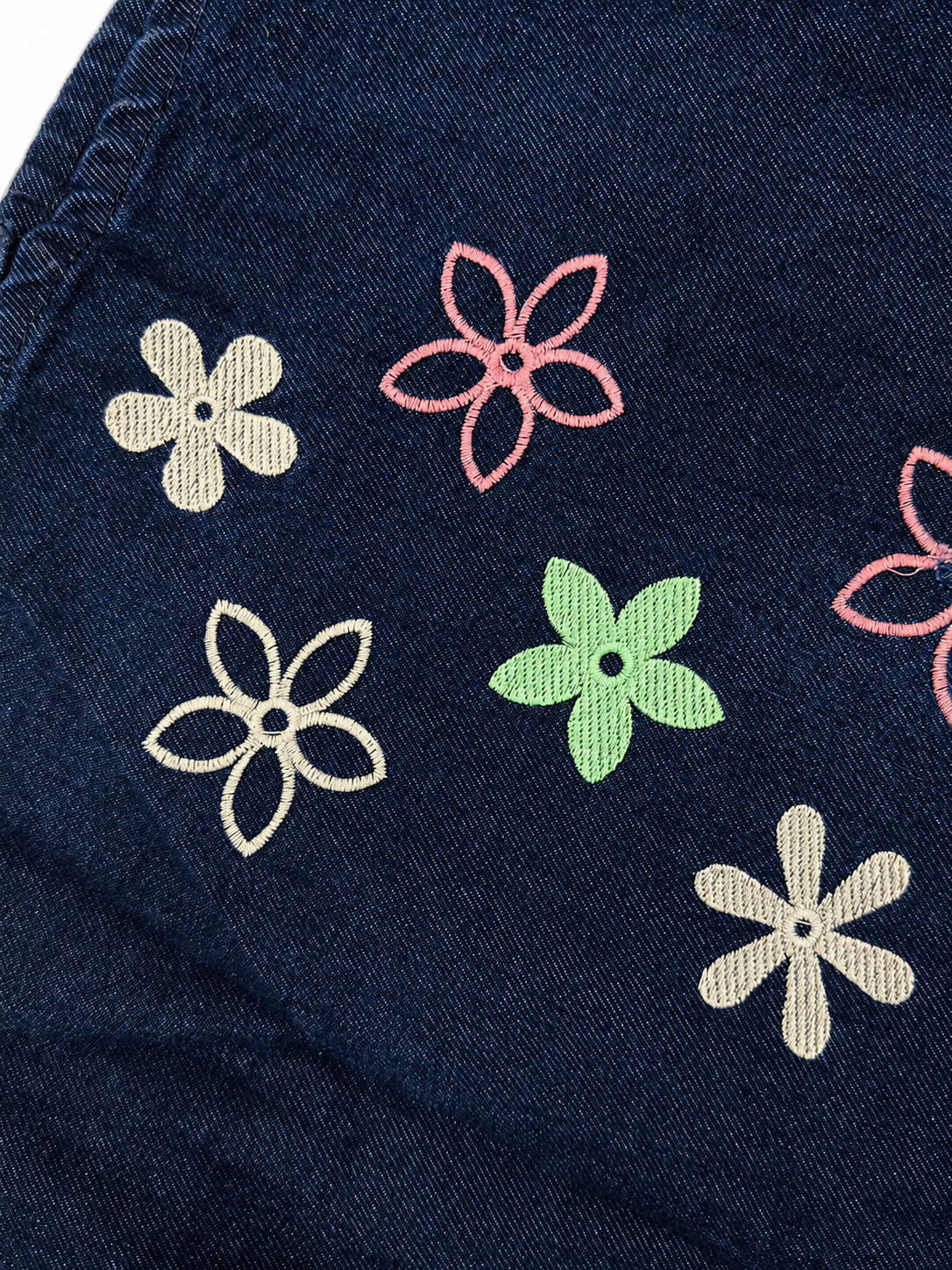 Multicolour floral embroidery detail on dark blue denim jacket