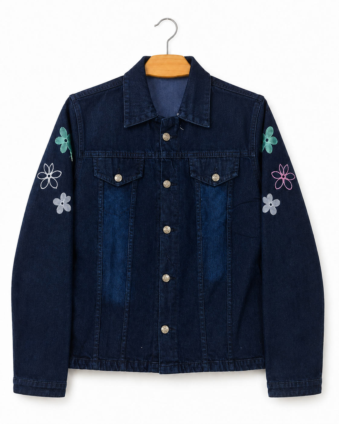 Women's dark blue denim jacket with multicolour floral embroidery – clean front view