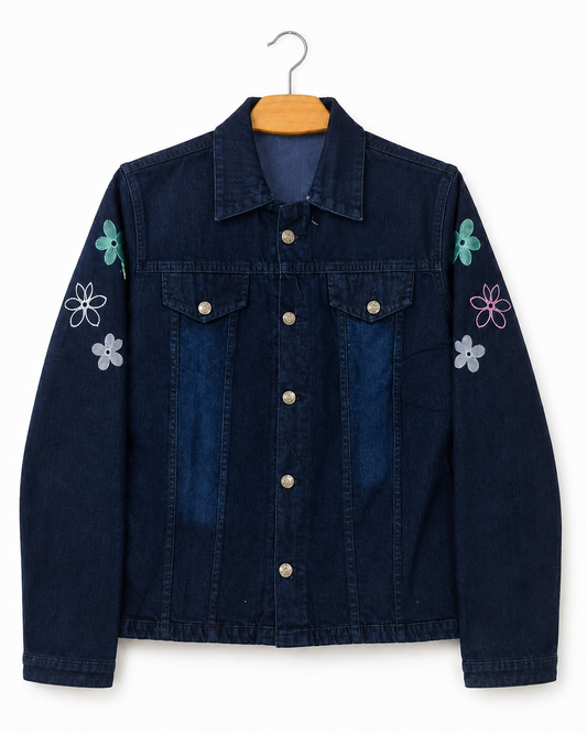 Women's dark blue denim jacket with multicolour floral embroidery – clean front view