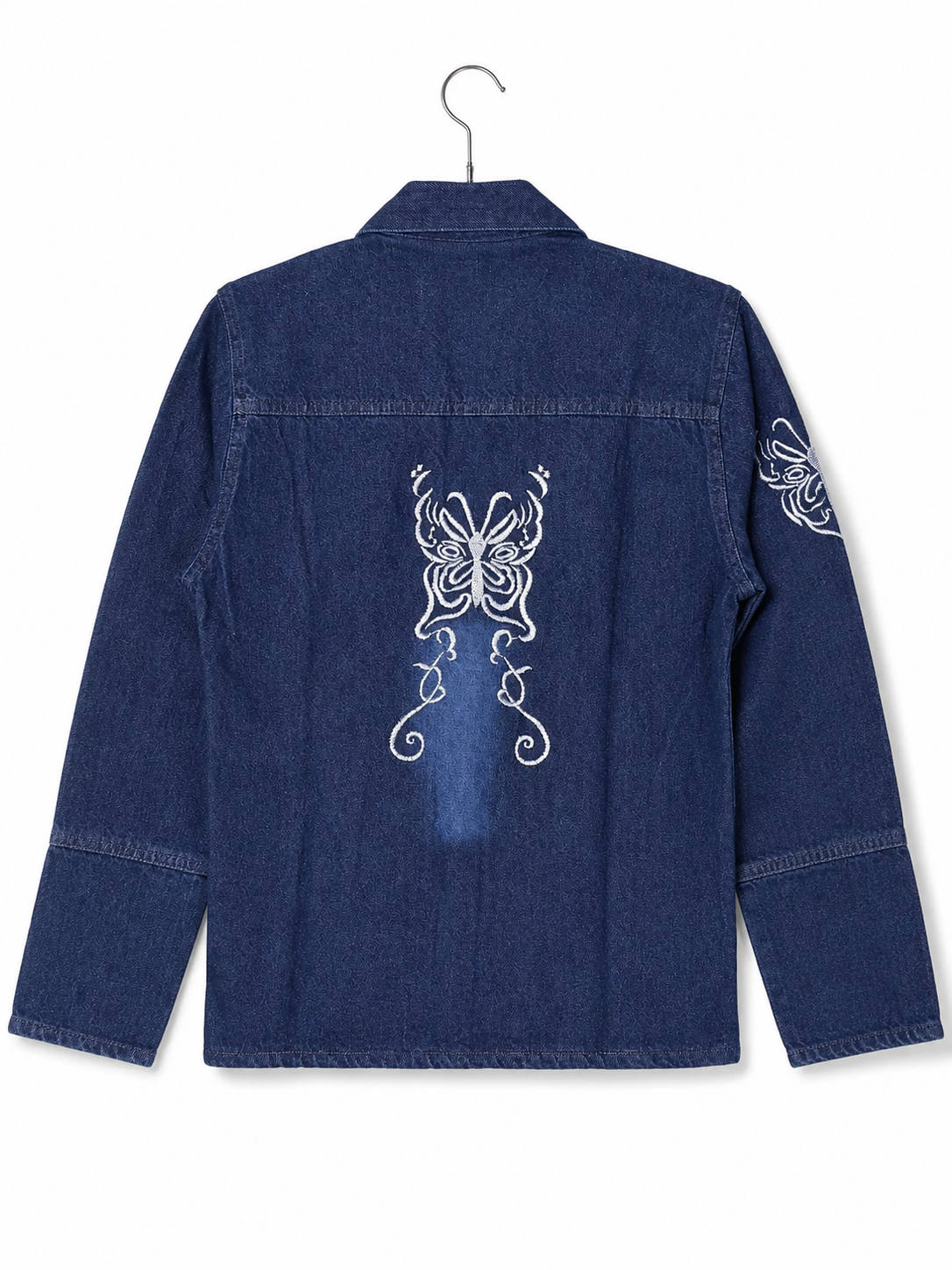 Women's dark blue denim jacket with white butterfly embroidery – clean back view