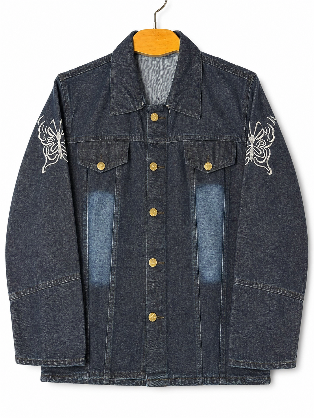 Women's dark blue denim jacket with white butterfly embroidery – clean front view