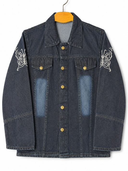 Women's dark blue denim jacket with white butterfly embroidery – clean front view