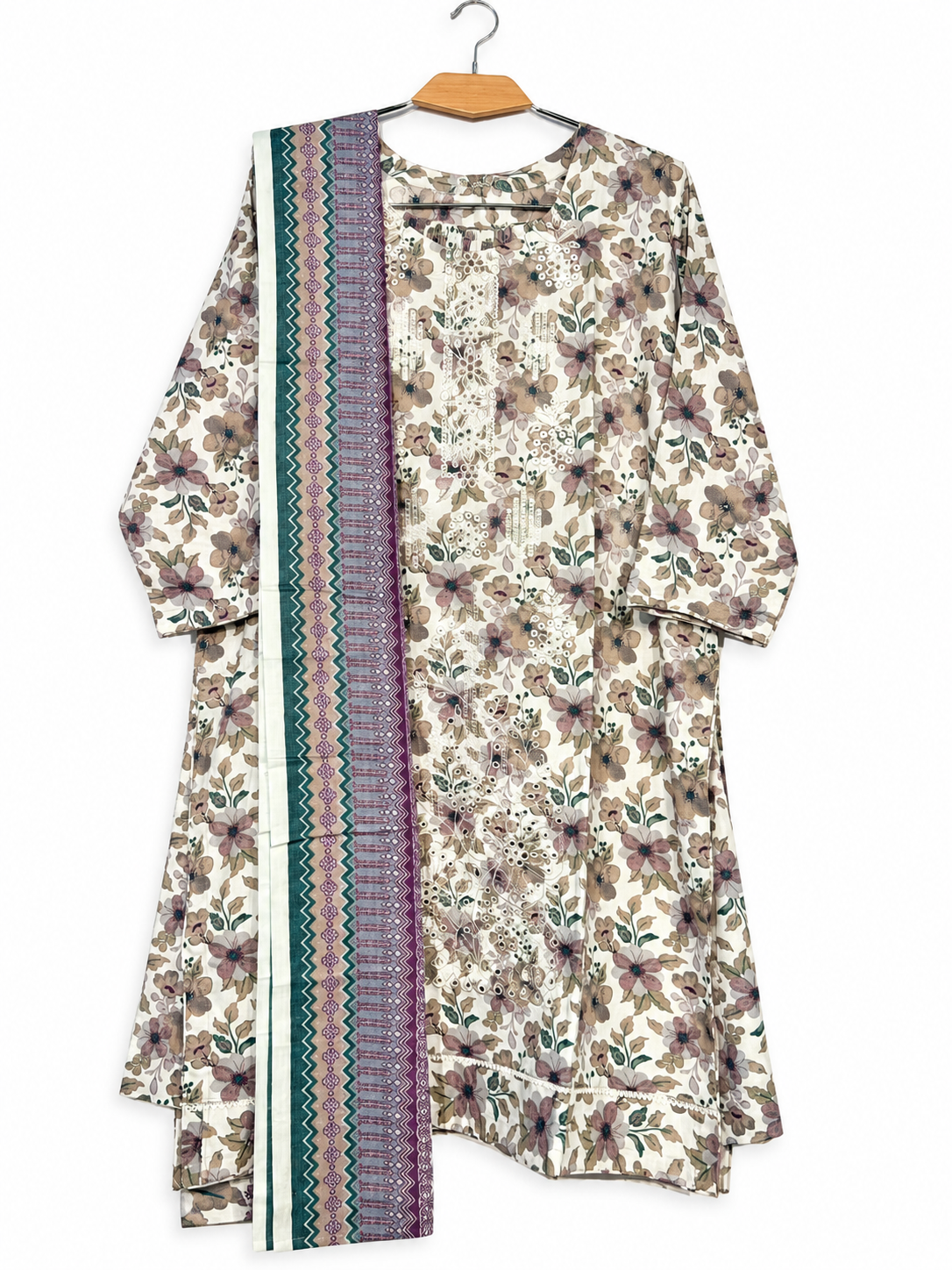 Dhanak ivory floral stitched 3-piece suit with geometric dupatta, full front view