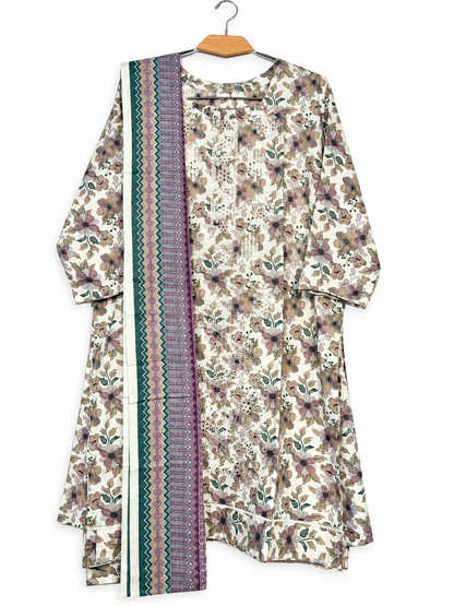 Dhanak ivory floral stitched 3-piece suit with geometric dupatta, full front view