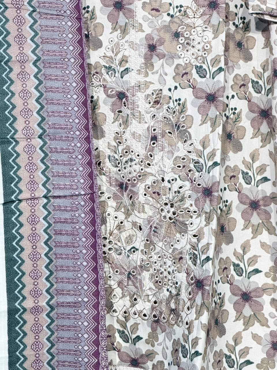 Dhanak ivory floral suit embroidery and fabric detail