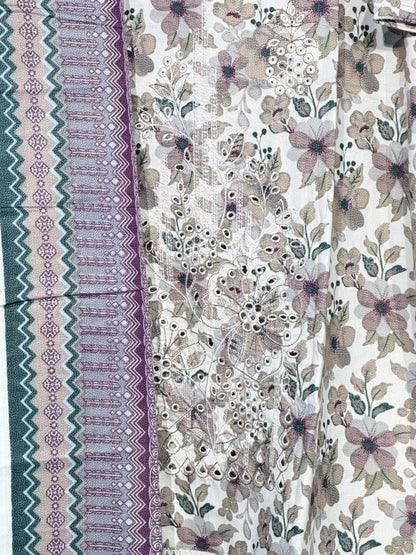 Dhanak ivory floral suit embroidery and fabric detail