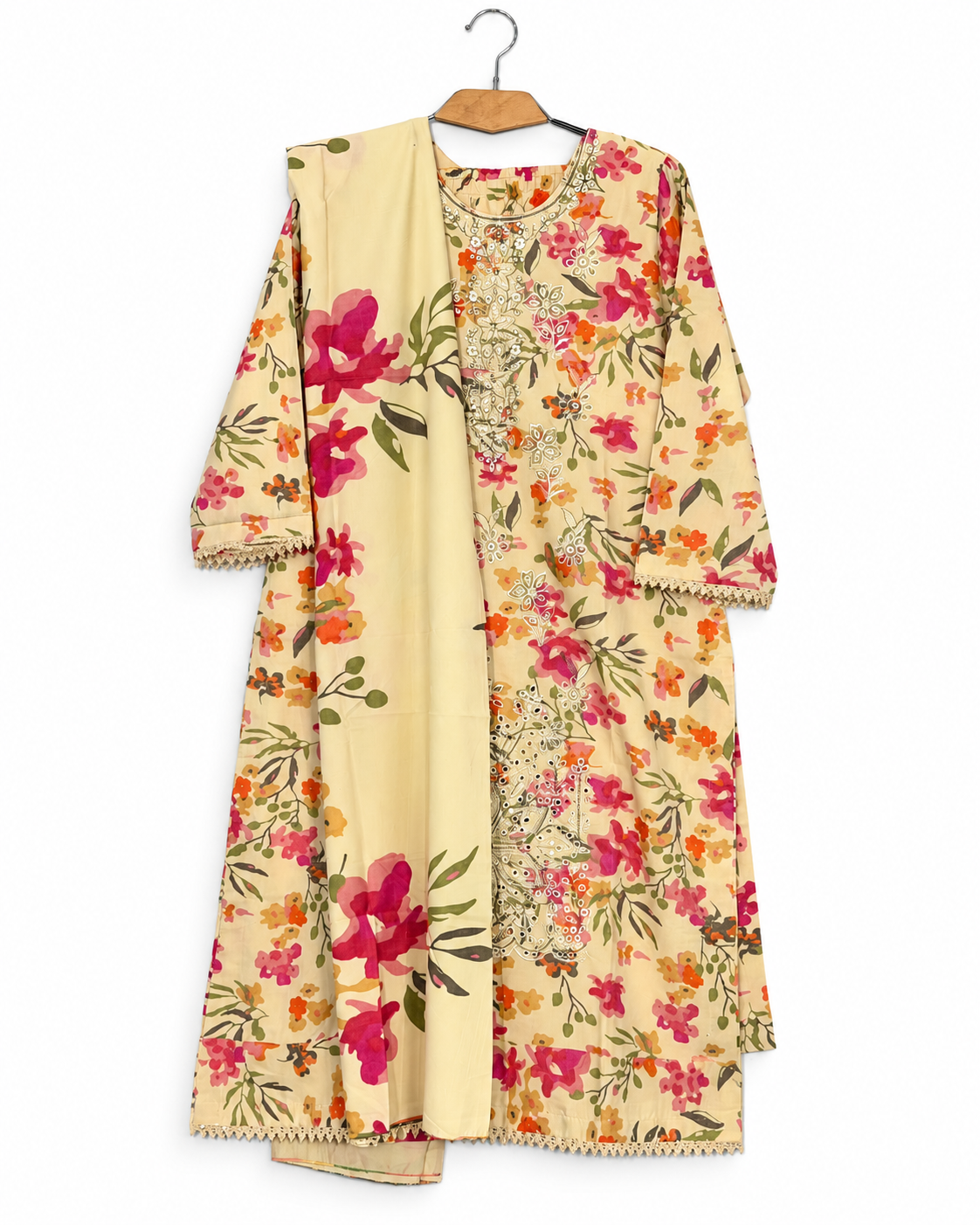 Dhanak pale yellow floral embroidered 3-piece stitched suit with dupatta, full front view