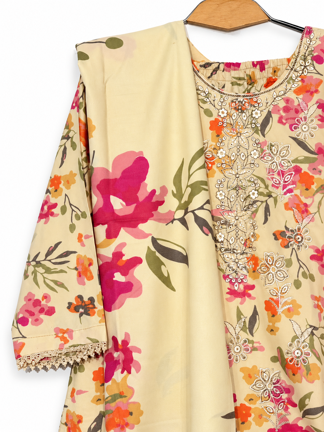 Dhanak pale yellow floral suit embroidered neckline and dupatta detail
