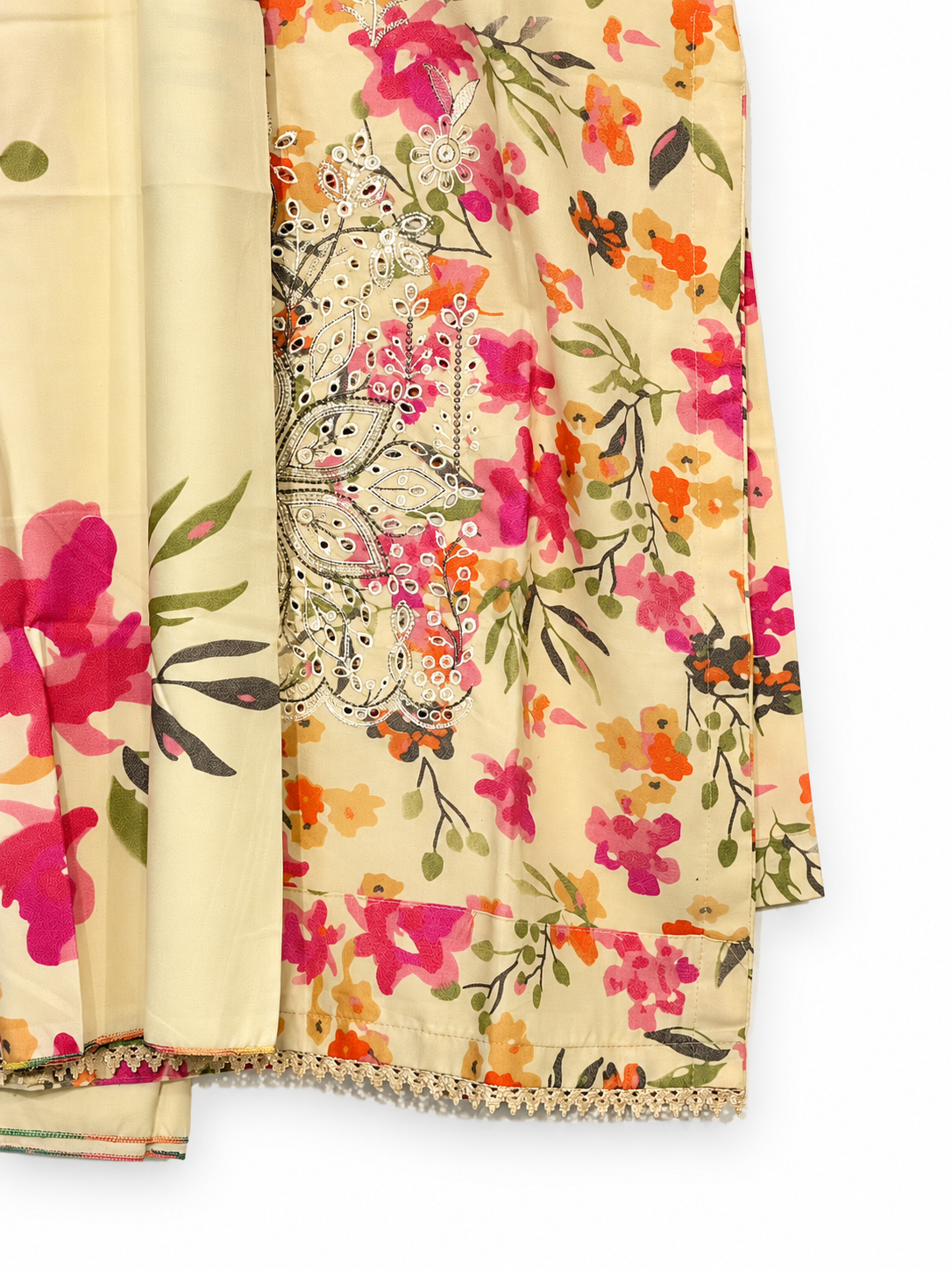 Dhanak pale yellow floral suit embroidery and fabric close-up