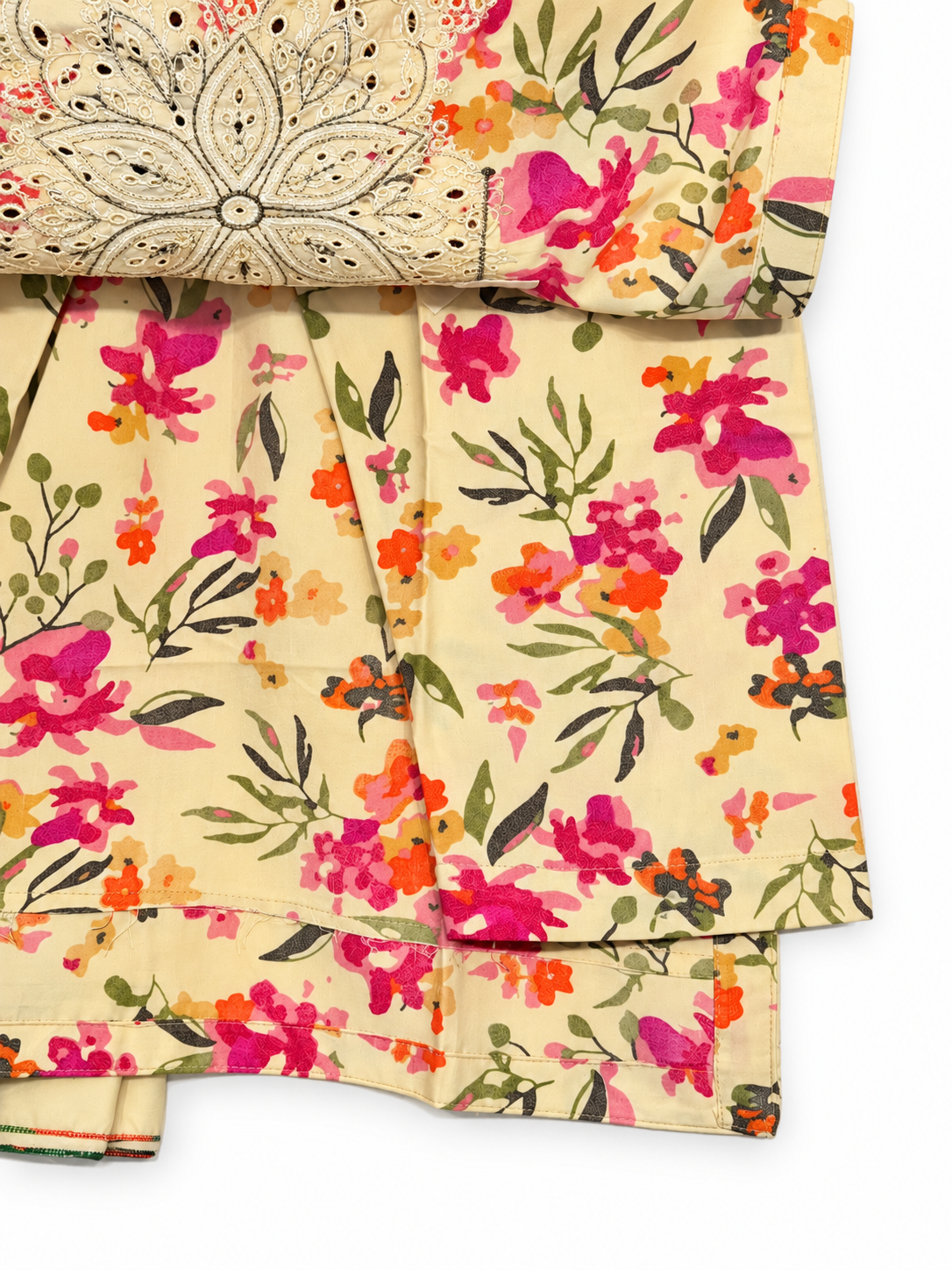 Dhanak pale yellow floral matching trouser and fabric detail